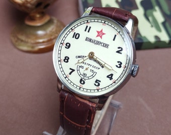 Sowjetische Uhr Komandirskye Mechanische Uhren der UdSSR, sowjetische ukrainische Uhren, gutes Vintage-Geschenk. Handgefertigtes Lederarmband
