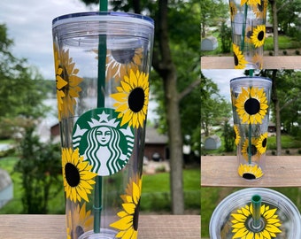 Starbucks-glas med solrosmotiv | Vattenflaska med solrosmotiv