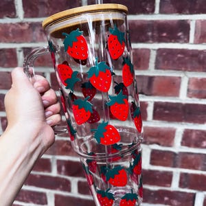 Strawberry 40oz Glass Tumbler With Handle, Strawberry Glass Tumbler, Strawberry Tumbler, Strawberry Cup