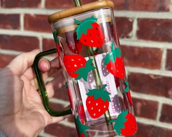 Strawberry Square Glass With Lid & Straw