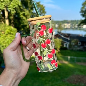 Cherry Square Glass With Lid & Straw