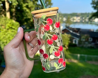 Cherry Square Glass With Lid & Straw