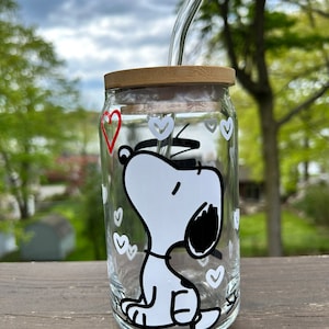 Snoopy Beer Can Glass | Peanuts Coffee Cup| Personalized Coffee Cup | Full Wrap Heart Coffee Cup | Birthday Gift | Can Glass