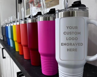 Vaso de 40 oz con logotipo grabado personalizado y asa, obsequios promocionales, vaso con logotipo comercial personalizado, vaso personalizado de 40 oz