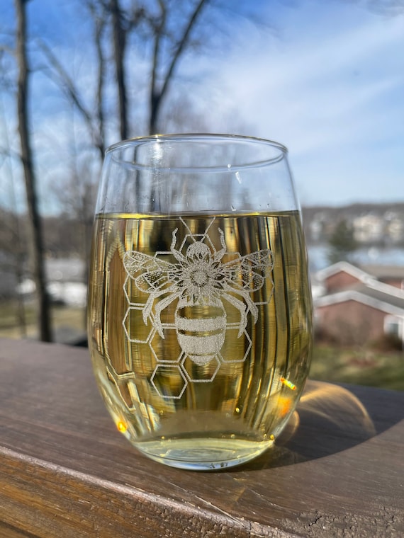 Stemless Wine Glass Beautiful Bees and Flowers Wine Glass 