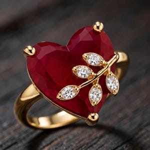 Red Ruby Heart Ring, Gold Leaf Ring, Handmade Gemstone Ring, Promise Ring, Anniversary Gift for Her