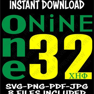 Pode incluir: Design gráfico verde e amarelo com o texto "ONINE 32" e as letras "XHP" em verde. O texto "INSTANT DOWNLOAD" e "SVG-PNG-PDF-JPG 8 FILES INCLUDED" estão em branco.