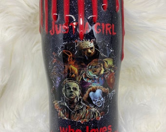 Just a Girl Who Loves Horror – Blood‑Drip Tumbler with Slasher Icons, Personalized