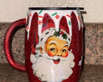 Santa tumbler, christmas tumbler, tumbler with santa on it, red glitter tumbler,