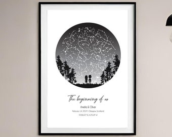 May include: A black and white illustration of a night sky with stars forming constellations. Two stick figures stand in front of a forest silhouette. The text "The beginning of us" is below the illustration, followed by "Amela & Oliver", "February 14, 2019 Glasgow Scotland", and "55.8642 N 4.2518 W".