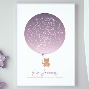 1er anniversaire de fille / Cadeaux pour filleule / Cadeaux de baptême pour les filles / Carte des étoiles personnalisée / Jour de votre naissance / Cadeau pour la cérémonie de baptême