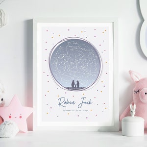 Cadeau pour filleul / Filleul / Cadeaux pour filleule / Constellation pour bébé / Premier cadeau d'anniversaire pour garçon / Carte des étoiles par date / Impression de carte des étoiles pour bébé
