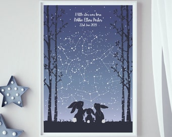 1st Birthday Boy Gift Ideas / Unique Baby Gift / Godson Gift / Personalized Star Map Gift / Rabbit Print / Woodland Nursery Decor Boy