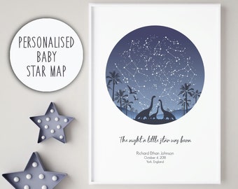 Dinosauriekonstellation Baby / Dinosaurie Barnkammardekor Blå / Första födelsedagspresent Pojke / Stjärnkarta / Dinosaurieposter / Doppresenter