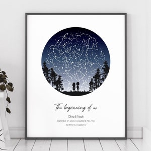 Cadeaux d'anniversaire de 1 an pour petite amie / Cadeaux pour lui / Cadeaux d'astronomie / Carte des étoiles par date / Lieu de notre rencontre / Carte du ciel nocturne