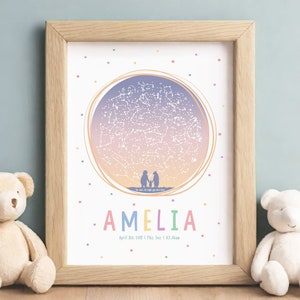 Gráfico de estatísticas de nascimento / Impressão de detalhes de nascimento / Gráfico de Natal / Constelação de bebê / Presente de primeiro aniversário para menina / Presente de mapa estelar / Dia em que você nasceu