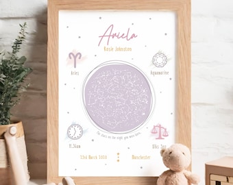 Astrologi / Födelsehoroskop / Dagen du föddes / Guddotterpresenter / Födelsehoroskoptryck / Första födelsedagspresent till flicka / Stjärnkartapresent