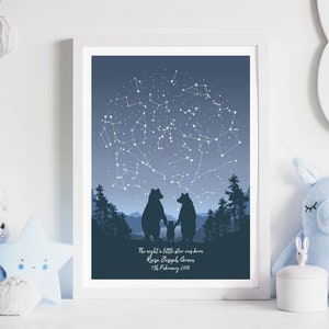 Newborn or First Birthday Night Sky Print / Bear Wall Art / Space Themed Nursery Print / Mountain Nursery Decor / Custom Star Map by date