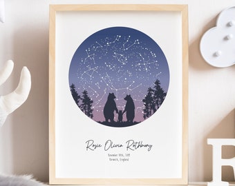 Gift for Godson / Christening Gifts for Boys / Personalised Gift / Baby Star Map Print / Night You Were Born / Twin Baby Gift / Bear Family