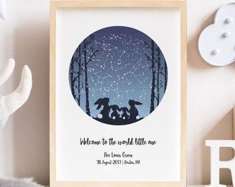 May include: A framed print featuring a blue and white starry night sky with a constellation of stars. The print includes a circle with a silhouette of four rabbits looking up at the stars. The text below the circle reads "Welcome to the world little one Rex Louis Green 7th August 2017 | Boston, MA".