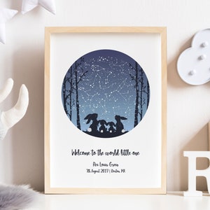 Presente para afilhado / Arte de parede de coelho / Presente de primeiro aniversário para menino / Presentes personalizados / Mapa estelar para bebê / Presente exclusivo para menino recém-nascido / Família de coelhos