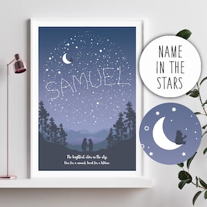 May include: A blue and purple night sky with white stars forming the name "SAMUEL" above a silhouette of two bears standing in a forest. The text "The brightest star in the sky. Here for a moment, loved for a lifetime." is below the bears.