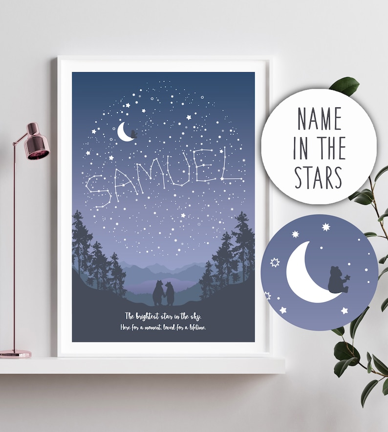 May include: A blue and purple night sky with white stars forming the name "SAMUEL" above a silhouette of two bears standing in a forest. The text "The brightest star in the sky. Here for a moment, loved for a lifetime." is below the bears.