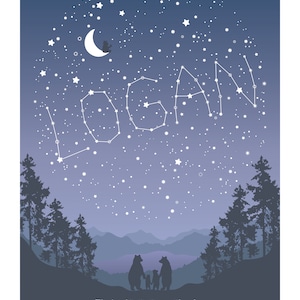 May include: A blue and purple night sky with a crescent moon and stars forming the name "LOGAN".  Silhouettes of three bears are standing on a hill in front of a forest. The text "The brightest star in the sky. Here for a moment, loved for a lifetime." is at the bottom of the image.