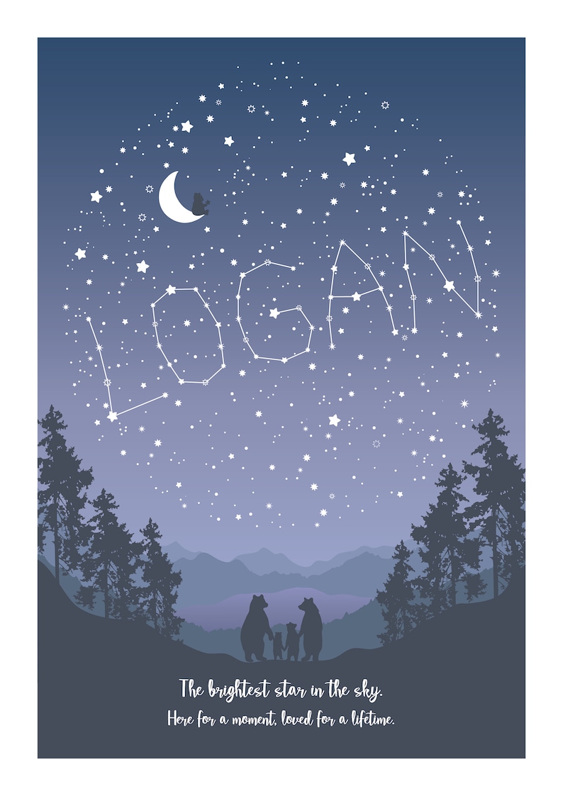 May include: A blue and purple night sky with a crescent moon and stars forming the name "LOGAN".  Silhouettes of three bears are standing on a hill in front of a forest. The text "The brightest star in the sky. Here for a moment, loved for a lifetime." is at the bottom of the image.