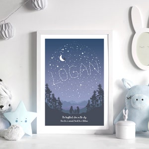 May include: A framed print with a blue background and white stars forming the name "LOGAN". The print also features a crescent moon, a silhouette of a forest, and mountains. The text "The brightest stars in the sky, Here for a moment, loved for a lifetime." is at the bottom of the print.