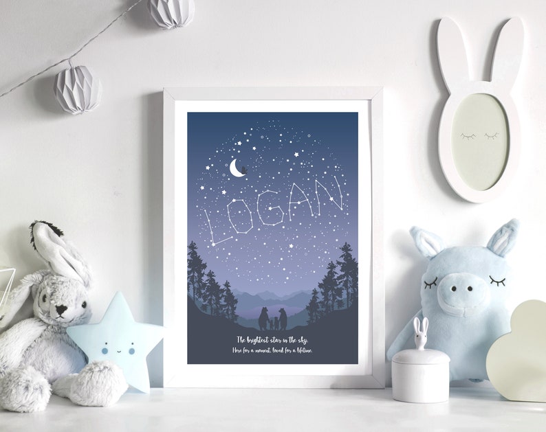 May include: A framed print with a blue background and white stars forming the name "LOGAN". The print also features a crescent moon, a silhouette of a forest, and mountains. The text "The brightest stars in the sky, Here for a moment, loved for a lifetime." is at the bottom of the print.