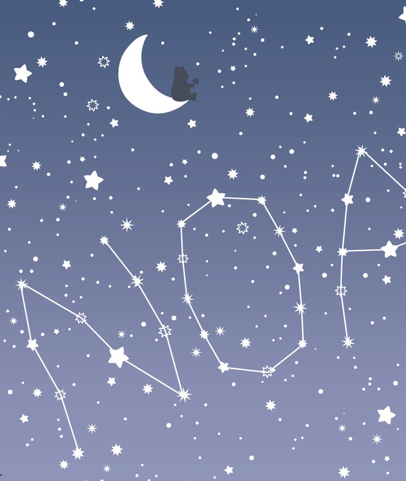 May include: A white crescent moon with a small bear sitting on it, surrounded by white stars and a constellation in a dark blue sky.