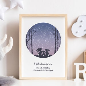 May include: A framed print with a purple and blue night sky with stars and a constellation. Three bunny silhouettes are looking up at the sky. The text reads "A little star was born, Rosie Olivia Rothbury, 10th November 2018 | Oxford, England."