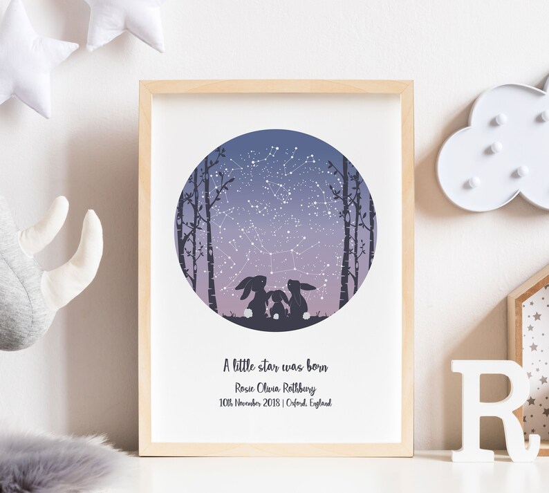 May include: A framed print with a purple and blue night sky with stars and a constellation. Three bunny silhouettes are looking up at the sky. The text reads "A little star was born, Rosie Olivia Rothbury, 10th November 2018 | Oxford, England."