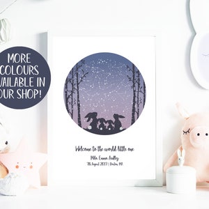 May include: A purple and blue night sky with stars forming a constellation in a circle. The constellation is surrounded by trees and three bunnies. The text below reads "Welcome to the world little one", "Mila Emma Audley", "7th August 2017 | Boston, MA".