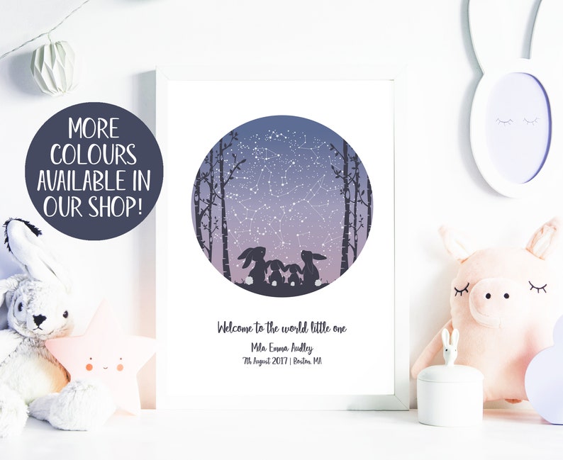 May include: A purple and blue night sky with stars forming a constellation in a circle. The constellation is surrounded by trees and three bunnies. The text below reads "Welcome to the world little one", "Mila Emma Audley", "7th August 2017 | Boston, MA".