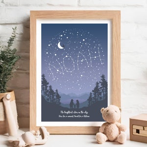 May include: A framed print with a blue and purple night sky background. The name "NOAH" is spelled out in white stars connected by lines. The print features a silhouette of a family of bears standing in front of a mountain range. The text "The brightest star in the sky. Here for a moment, loved for a lifetime." is printed at the bottom of the print.