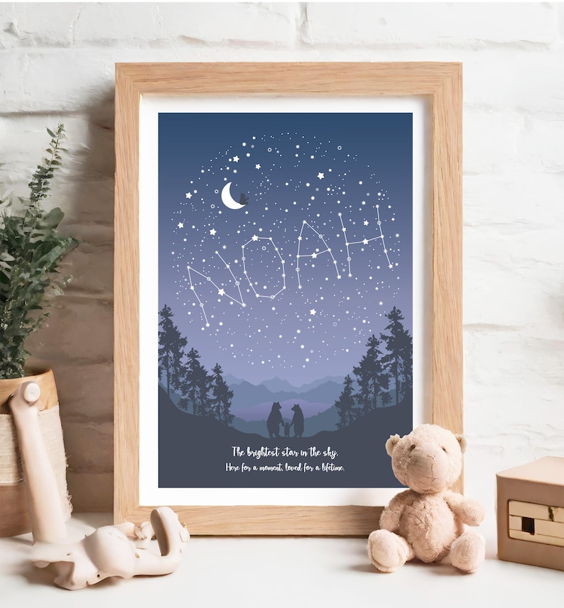 May include: A framed print with a blue and purple night sky background. The name "NOAH" is spelled out in white stars connected by lines. The print features a silhouette of a family of bears standing in front of a mountain range. The text "The brightest star in the sky. Here for a moment, loved for a lifetime." is printed at the bottom of the print.