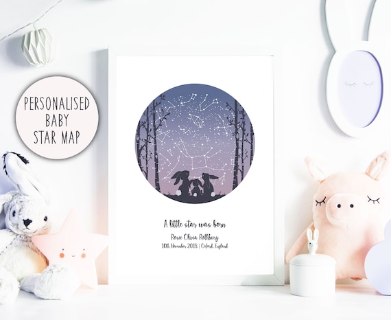 Rabbit Nursery Decor / Baby Constellation Print / Baby Star Map Personalised / Birth Chart Art / First Birthday Gift Boy / Rabbit Print
