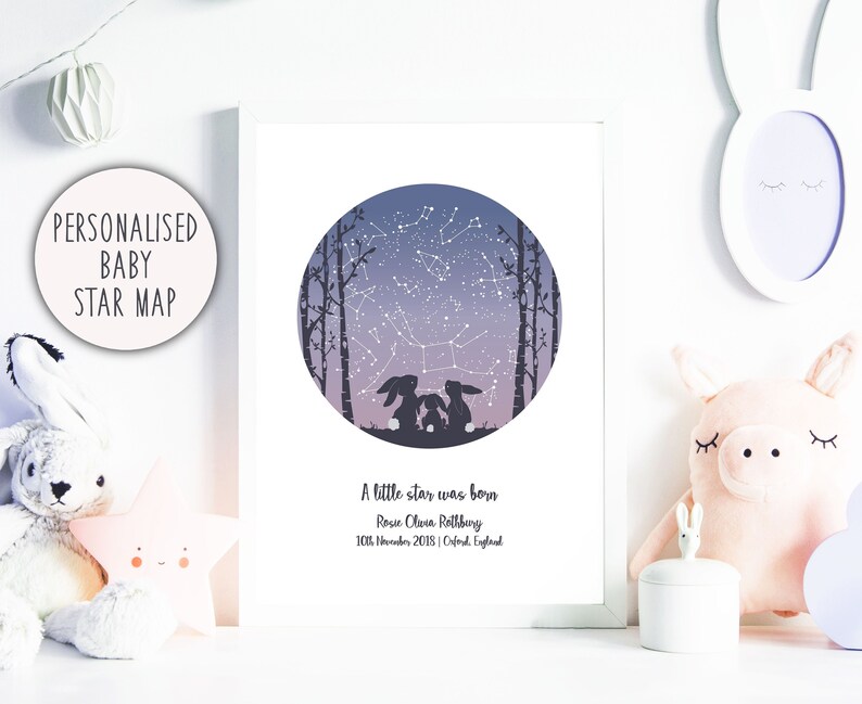 May include: A personalized baby star map print with a purple and blue gradient background. The print features a constellation of stars with two rabbits silhouetted in front of the stars. The text reads "A little star was born Rosie Clava Rothbury 10th November 2018 | Oxford England".