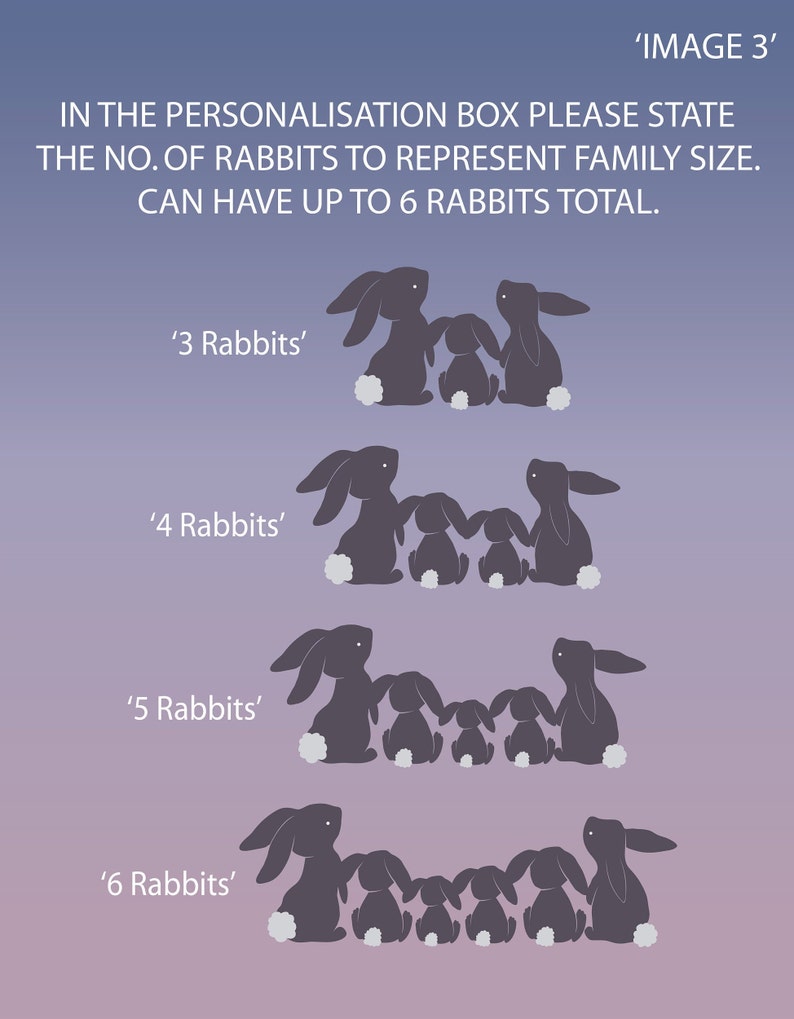 May include: A graphic showing how to represent family size with a number of rabbits. The text reads 'IMAGE 3' 'IN THE PERSONALISATION BOX PLEASE STATE THE NO. OF RABBITS TO REPRESENT FAMILY SIZE. CAN HAVE UP TO 6 RABBITS TOTAL.' '3 Rabbits' '4 Rabbits' '5 Rabbits' '6 Rabbits'.
