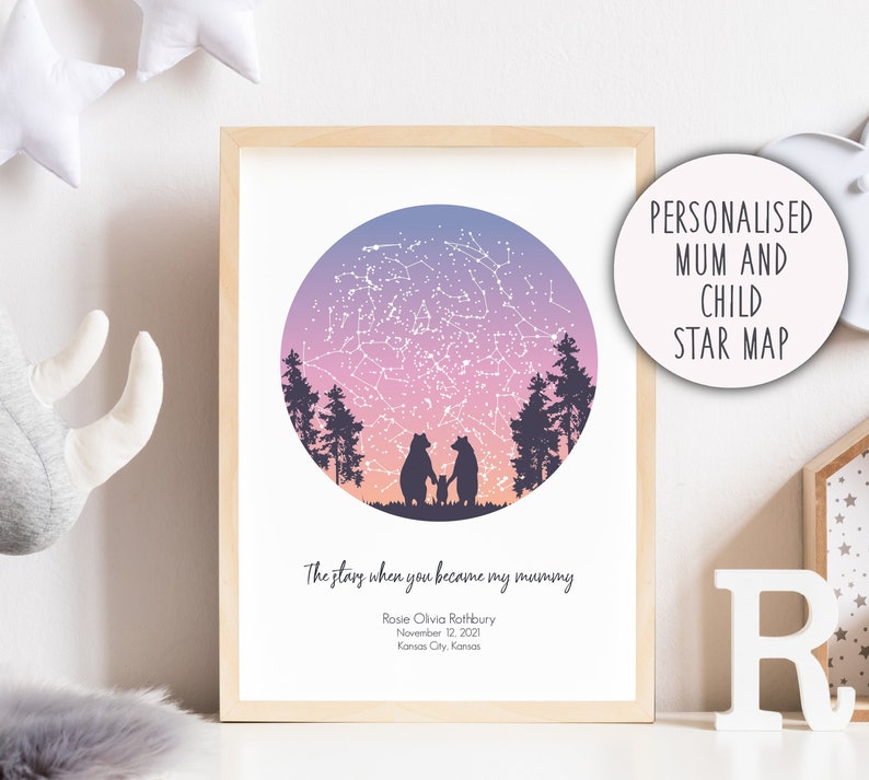 Första mors dag-presenten / Första mors dag-presenten / Mors dag-present från dotter / Stjärnkarta-tryck / Personlig stjärnkarta / Present till nybliven mamma bild 1