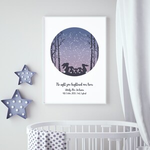 May include: A purple and blue star constellation print with a quote that reads "The night you brightened our lives Woody Mex Jackman 4th October 2018 | York England" and a silhouette of five rabbits in a forest.