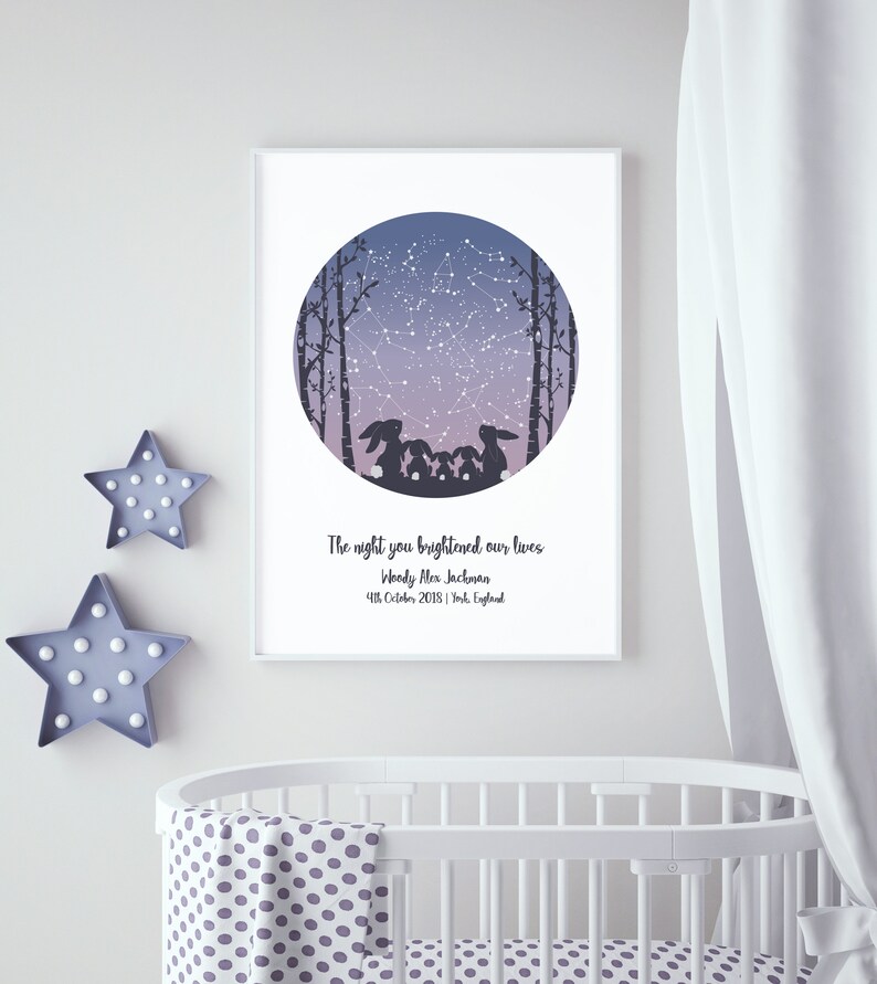 May include: A purple and blue star constellation print with a quote that reads "The night you brightened our lives Woody Mex Jackman 4th October 2018 | York England" and a silhouette of five rabbits in a forest.