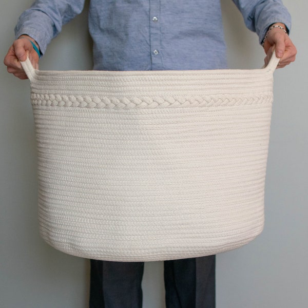 XXL Cotton Rope Basket 22 inches - Perfect blanket basket for living room or woven rope laundry basket. Farmhouse basket