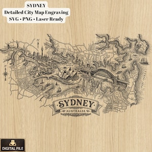 Sydney Australia Map Engraving File | Vintage City Laser SVG (Digital Download)
