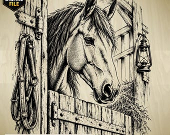 May include: A black and white digital illustration of a horse looking out from a wooden stable stall. The image features a hanging bridle on the left, a lantern on the right, and a pile of hay. The text reads DIGITAL FILE and HORSE AT THE STABLE.