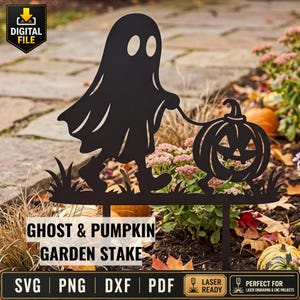 May include: A black metal garden stake silhouette featuring a ghost walking and holding a leash attached to a jack-o'-lantern pumpkin. The design includes grass at the base and two prongs for insertion into the ground. The text reads GHOST & PUMPKIN GARDEN STAKE.