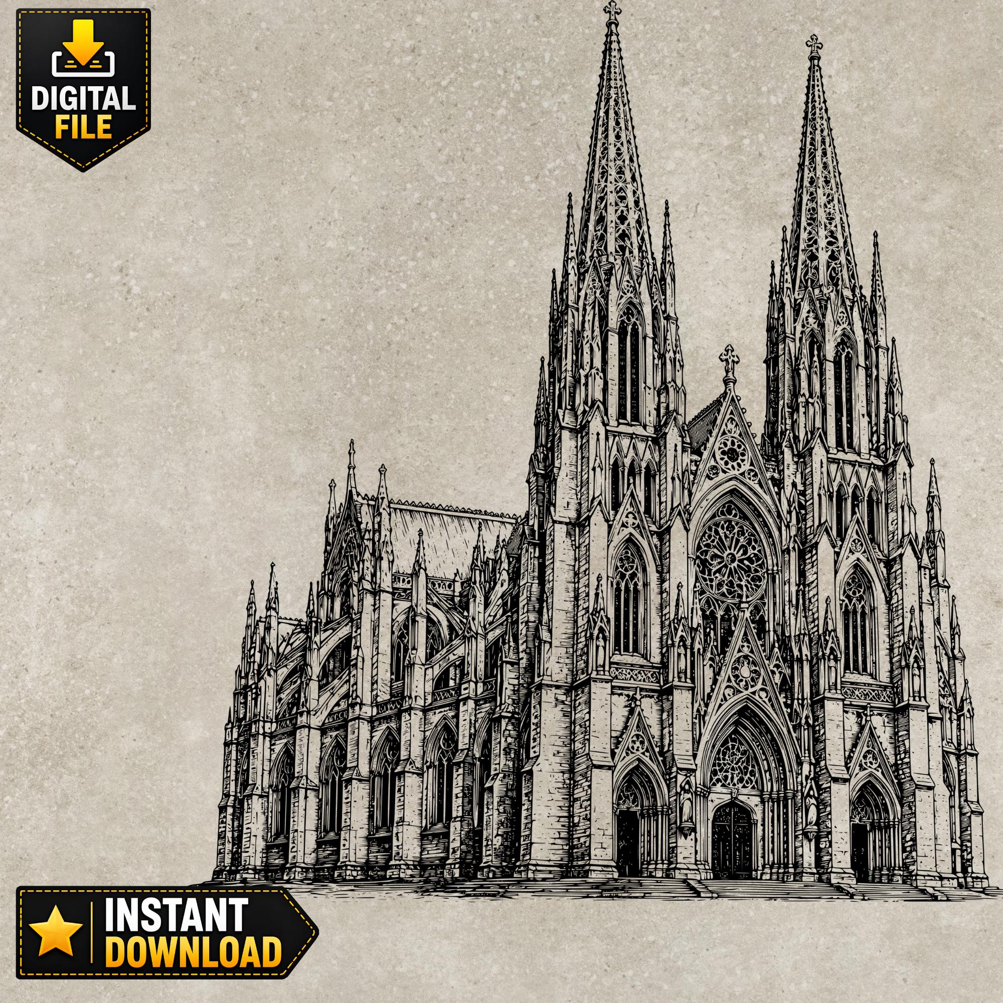 アート・デザイン・音楽 Gothic Architecture St. Patrick's Cathedral Engraving Design (SVG, PNG, CNC) – Gothic