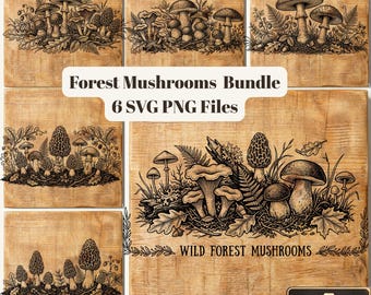 Vintage Botanical Mushroom Illustrations | Forest Engraving Files (6 SVG PNG)